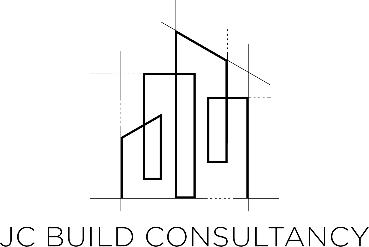 Minimalist line art logo for JC Build Consultancy featuring architectural building outlines.
